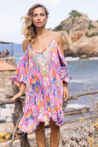 Robe droite Birds - Bleu, orange et rose