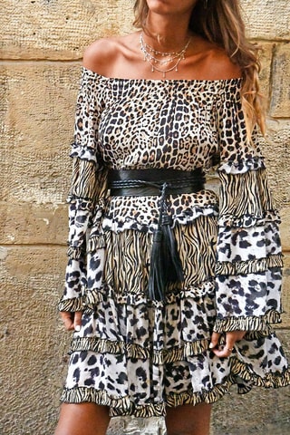 Robe courte Yaya - Blanc, marron et noir