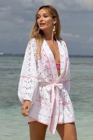 Robe de plage en broderie anglaise - Blanc et rose