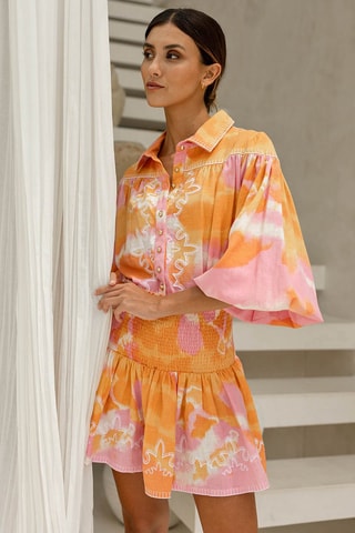 Jupe patineuse tie and dye taille haute - Blanc, orange et rose