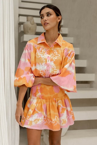 Jupe patineuse tie and dye taille haute - Blanc, orange et rose