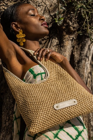 Sac porté épaule en paille et cuir Maldives - Beige