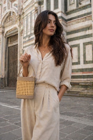 Sac seau en cuir et osier Grand Lucci - Taupe