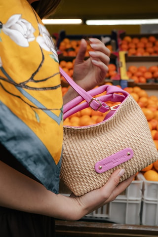 Sac à main en cuir et osier Lucia - Rose