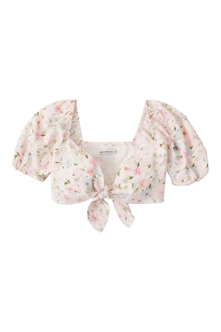 Crop top noué en lin - Blanc et rose
