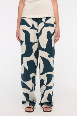 Pantalon straight en lin - Bleu pétrole et blanc