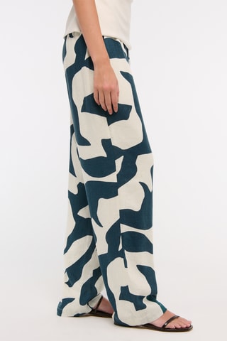 Pantalon straight en lin - Bleu pétrole et blanc