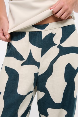 Pantalon straight en lin - Bleu pétrole et blanc