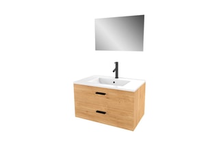 Set mobile bagno 2 cassetti, lavabo e specchio  -  Effetto legno