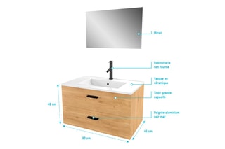 Set mobile bagno 2 cassetti, lavabo e specchio  -  Effetto legno