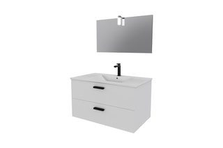 Set mobile bagno 2 cassetti, lavabo e specchio con LED - Bianco
