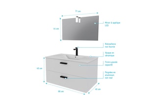 Set mobile bagno 2 cassetti, lavabo e specchio con LED - Bianco