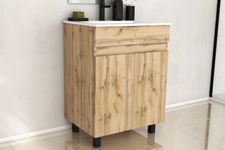 Set mobile bagno 2 ante e lavabo - Effetto rovere industriale e bianco