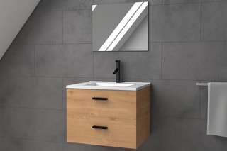 Set mobile bagno 2 cassetti, lavabo e specchio - Effetto legno e bianco