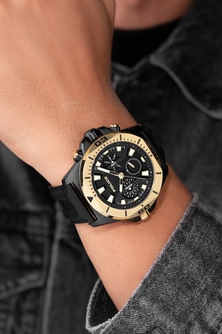 Leren en Ion Doublé Zwart Quartz Horloge - Zwart en Goudkleurig 