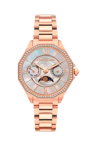 Stalen Quartz Horloge met Parelmoer en Swarovski Kristallen Jesina - Maanstandweergave - Roségoudkleurig