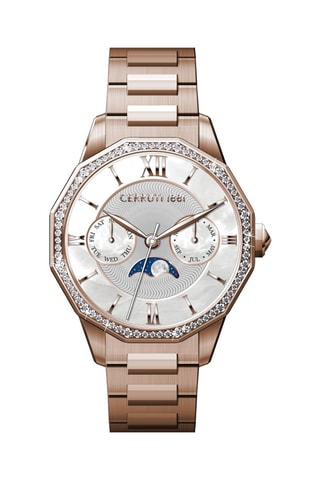 Stalen Quartz Horloge met Parelmoer en Swarovski Kristallen Jesina - Maanstandweergave - Roségoudkleurig