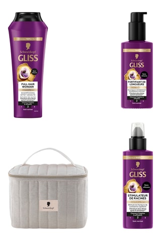 Routine Reconstruction - Shampoing Gliss Effet Densité Schwarzkopf - 250 ml, Stimulateur de racines Gliss Schwarzkopf - 100 ml, Fortifiant de longueurs Gliss Schwarzkopf - 100 ml et Trousse de toilette Schwarzkopf - Ecru
