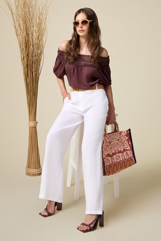 Pantalon wide legs en lin taille haute - Blanc