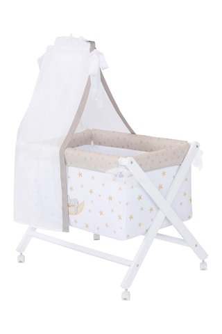 Mini berceau, linge de lit et ciel de lit Marlon Night - Dès la naissance - 6 pièces - Blanc et marron