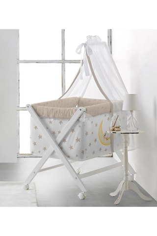 Mini berceau, linge de lit et ciel de lit Marlon Night - Dès la naissance - 6 pièces - Blanc et marron