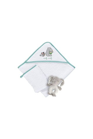 Coffret sortie de bain, gant et doudou Happy Hipo - 3 pièces - 75 x 75 cm - Blanc et bleu
