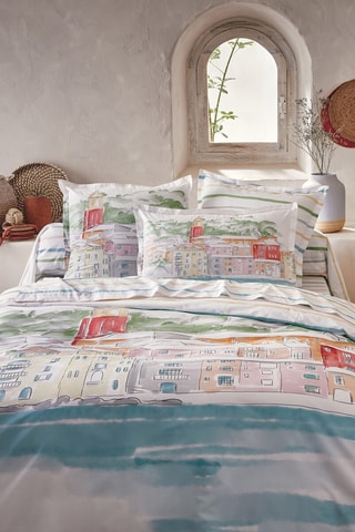 Taie de traversin en percale de coton  80 fils/cm² Paysage Varois - Blanc et jaune
