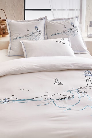 Housse de couette en percale de coton 31 fils/cm² Phare - Blanc et bleu marine
