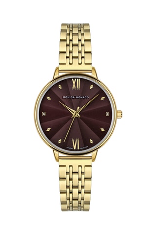 Stalen & Diamanten Quartz Horloge - Goudkleurig en Bordeauxrood - Monica Monaco