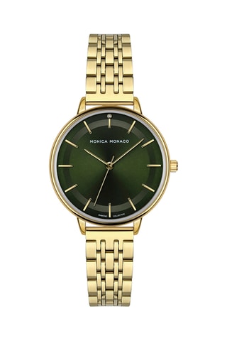 Stalen & Diamanten Quartz Horloge - Goudkleurig en Donkergroen - Monica Monaco