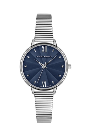 Stalen & Diamanten Quartz Horloge - Zilverkleurig en Marineblauw - Monica Monaco