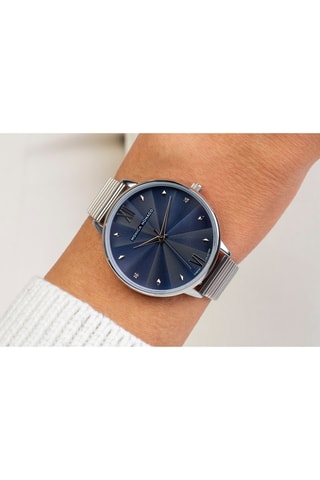 Stalen & Diamanten Quartz Horloge - Zilverkleurig en Marineblauw - Monica Monaco