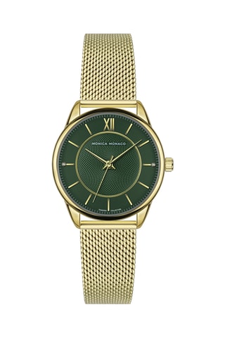 Stalen & Diamanten Quartz Horloge - Goudkleurig en Donkergroen - Monica Monaco