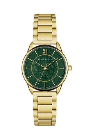 Stalen & Diamanten Quartz Horloge - Goudkleurig en Donkergroen - Monica Monaco