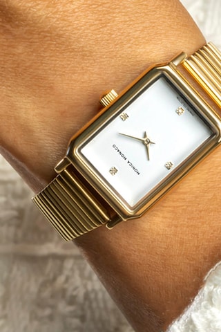 Stalen Quartz Horloge met Diamant - Goudkleurig en Wit