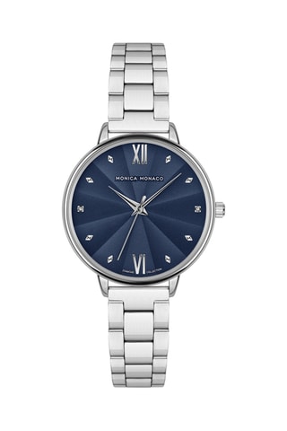 Stalen & Diamanten Quartz Horloge - Zilverkleurig en Marineblauw - Monica Monaco