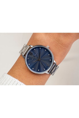 Stalen & Diamanten Quartz Horloge - Zilverkleurig en Marineblauw - Monica Monaco