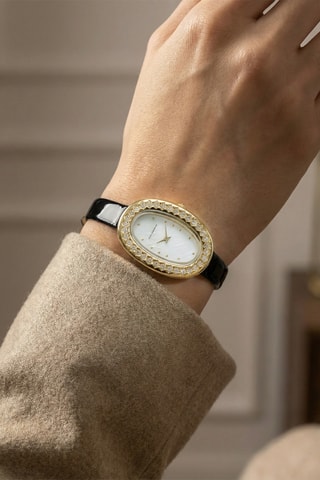 Leren en Diamanten Quartz Horloge - Zwart en Goudkleurig