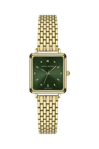 Stalen Quartz Horloge met Diamant - Goudkleurig en Groen