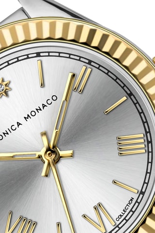 Stalen Quartz Horloge met Diamant - Zilverkleurig en Goudkleurig - Monica Monaco