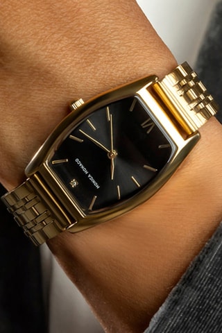 Stalen Quartz Horloge met Diamant - Goudkleurig en Zwart