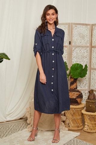 Vestido largo de lino - Azul marino