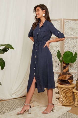 Vestido largo de lino - Azul marino