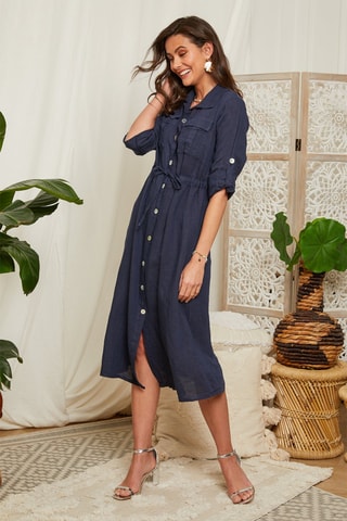 Vestido largo de lino - Azul marino
