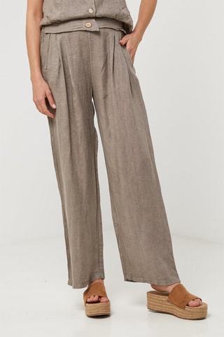 Pantalón relaxed de tiro alto de lino - Topo