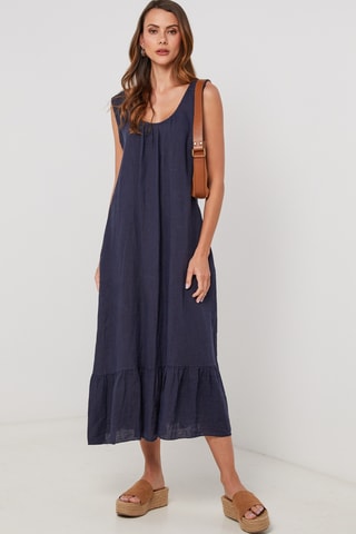 Vestido midi de lino sin mangas - Azul marino