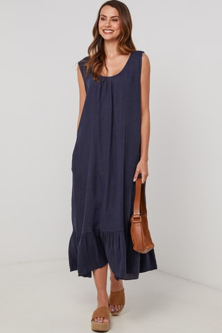 Vestido midi de lino sin mangas - Azul marino