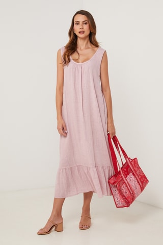 Vestido midi de lino sin mangas - Rosa