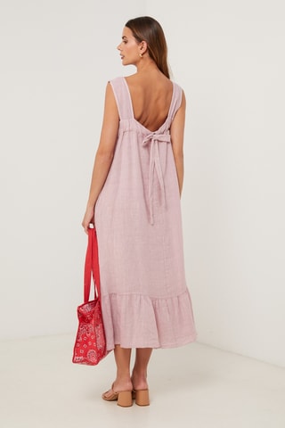 Vestido midi de lino sin mangas - Rosa