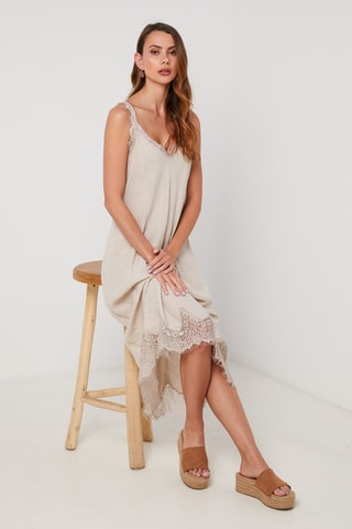 Vestido largo de lino sin mangas - Beige